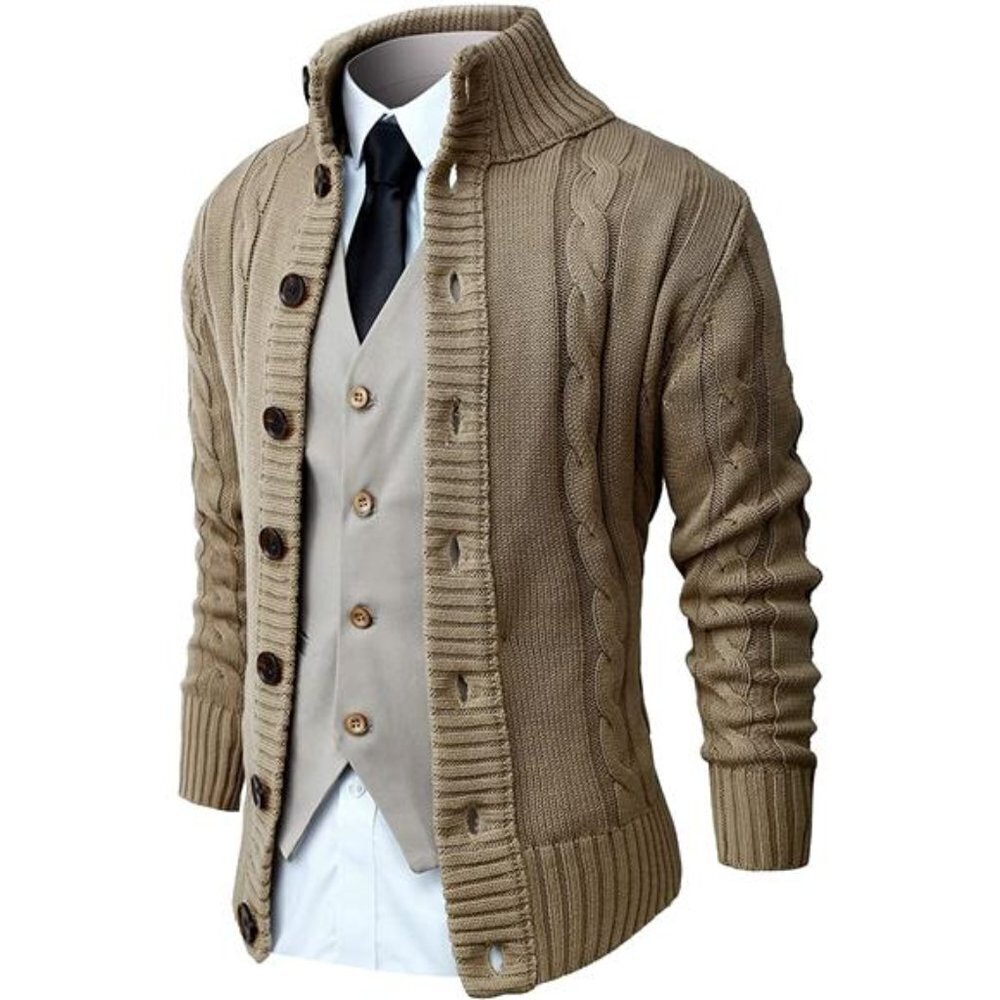 Men's Long Sleeve Stand Collar Cardigan Button Down Cable Knitted Sweater